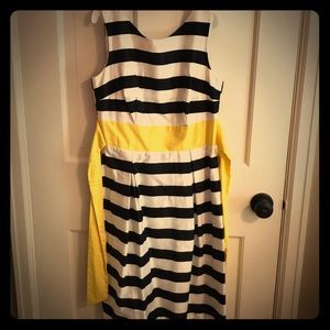 Black and white dress with yellow sash